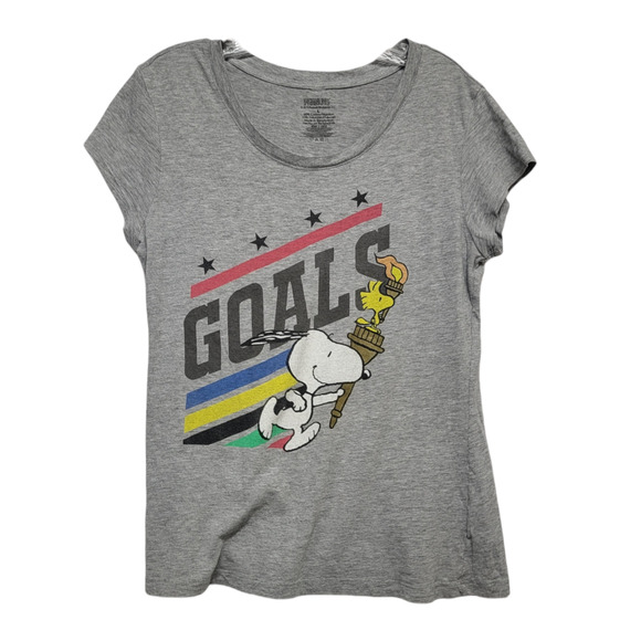 Peanuts Tops - Peanuts Olympics Goals Snoopy Woodstock Torch T-Shirt White Size L